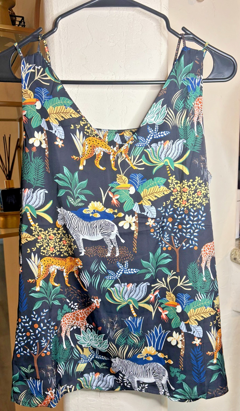 Satin Cami Tank Top Size M 6-10 Black Tropical Jungle Animal Print